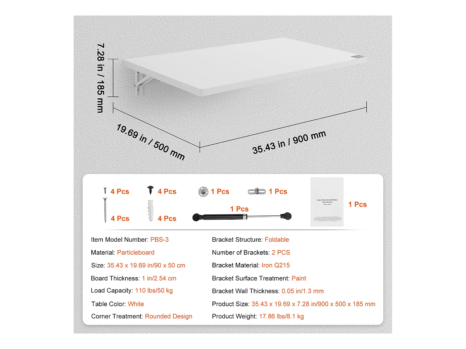 Table pliante murale SucceBuy 90cm x 50cm, Bureau pour Ordinateur Portable, Bureau à Domicile, Blanc