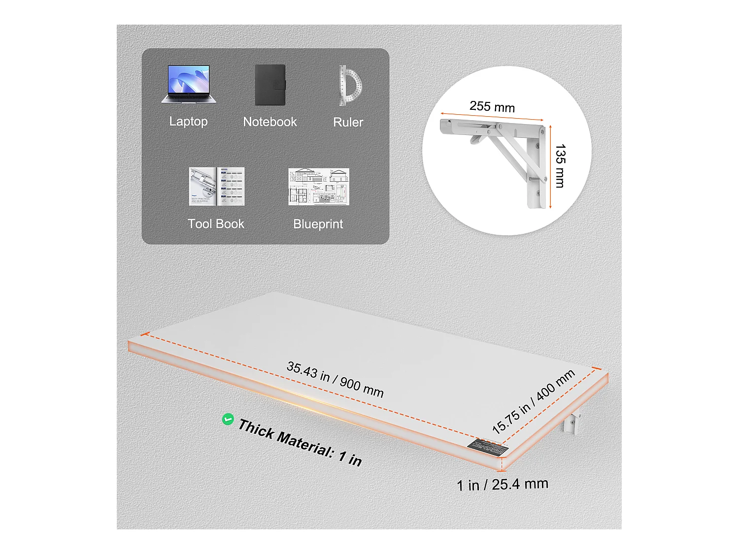 Table pliante murale SucceBuy 90cm x 50cm, Bureau pour Ordinateur Portable, Bureau à Domicile, Blanc