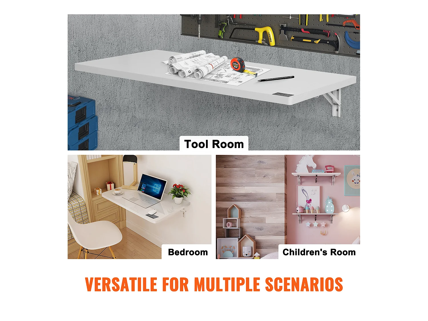 Table pliante murale SucceBuy 90cm x 50cm, Bureau pour Ordinateur Portable, Bureau à Domicile, Blanc