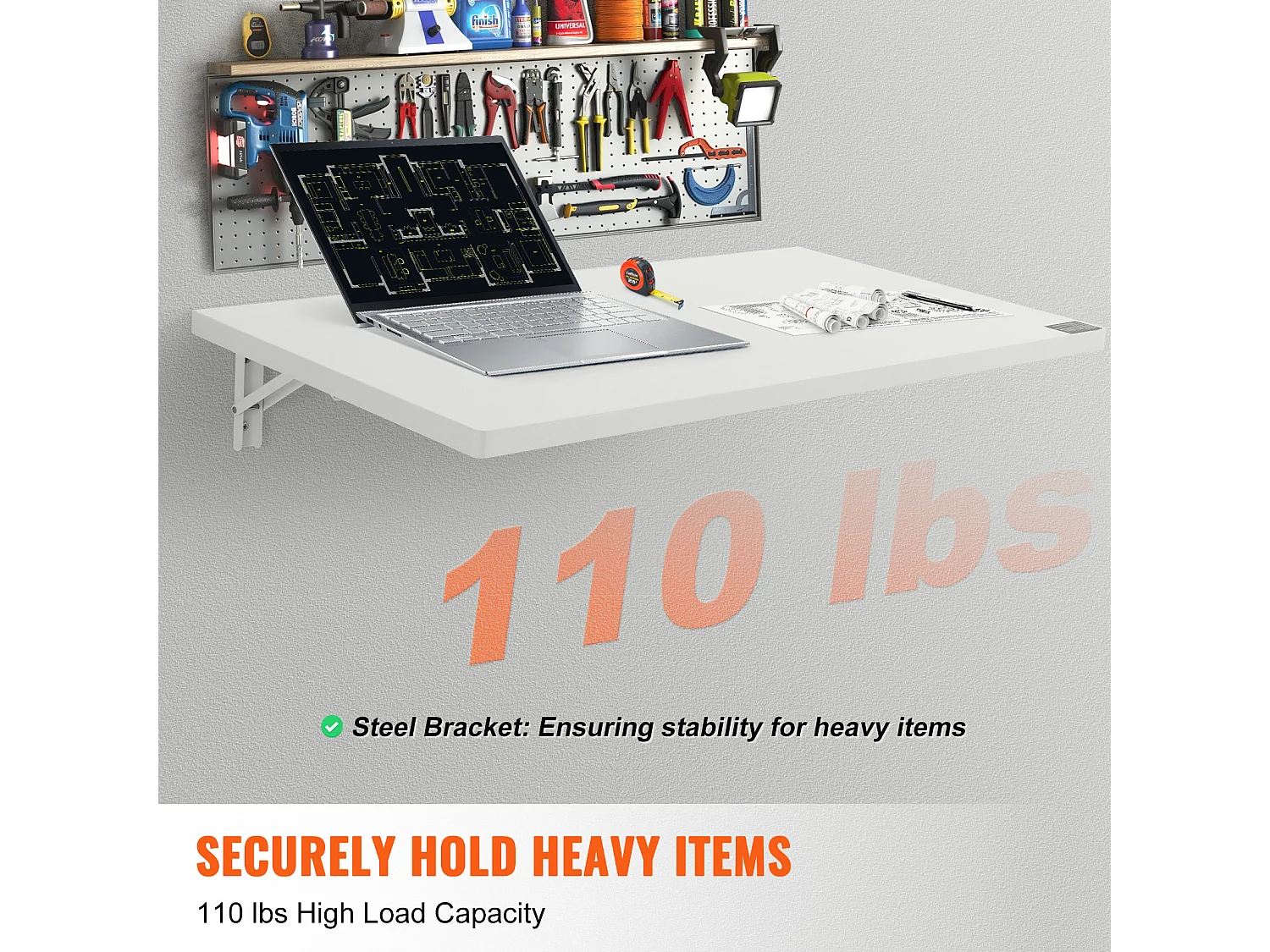 Wandgemonteerde Opvouwbare Tafel SucceBuy 90cm x 50cm, Laptopbureau, Thuiskantoor, wit