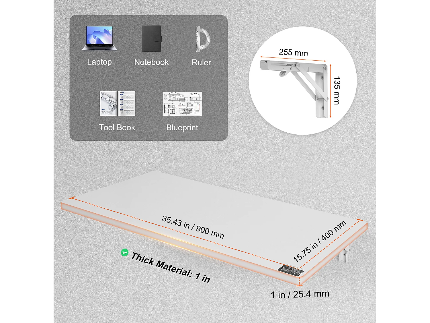 Wandgemonteerde Opvouwbare Tafel SucceBuy 90cm x 50cm, Laptopbureau, Thuiskantoor, wit