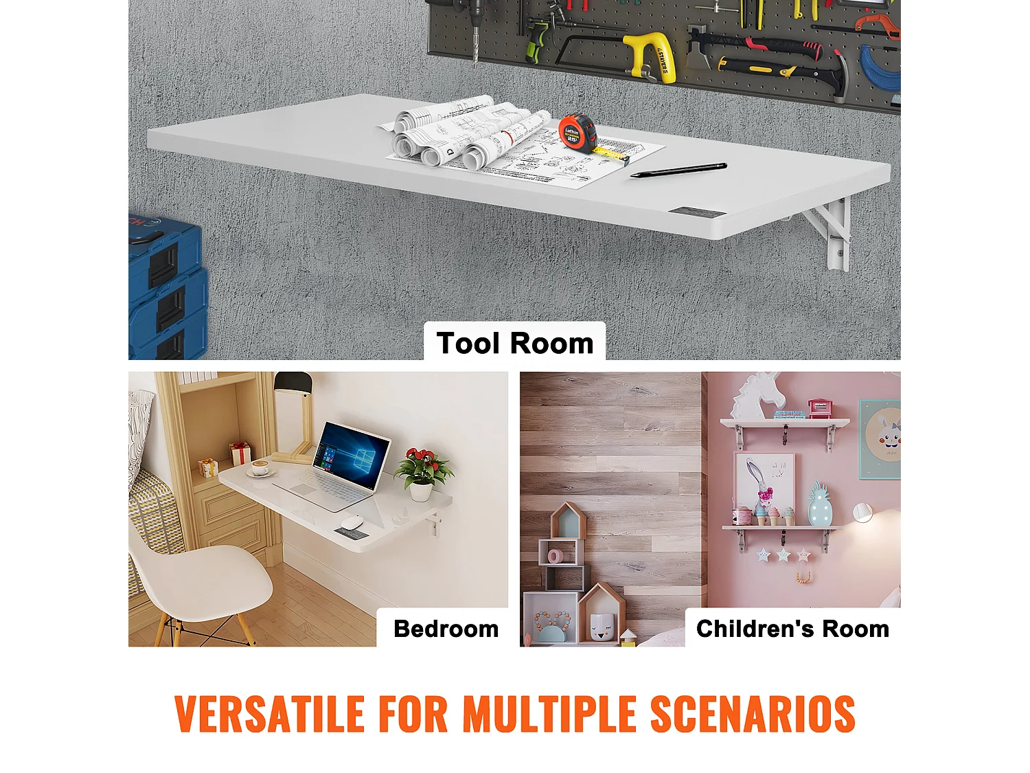 Wandgemonteerde Opvouwbare Tafel SucceBuy 90cm x 50cm, Laptopbureau, Thuiskantoor, wit