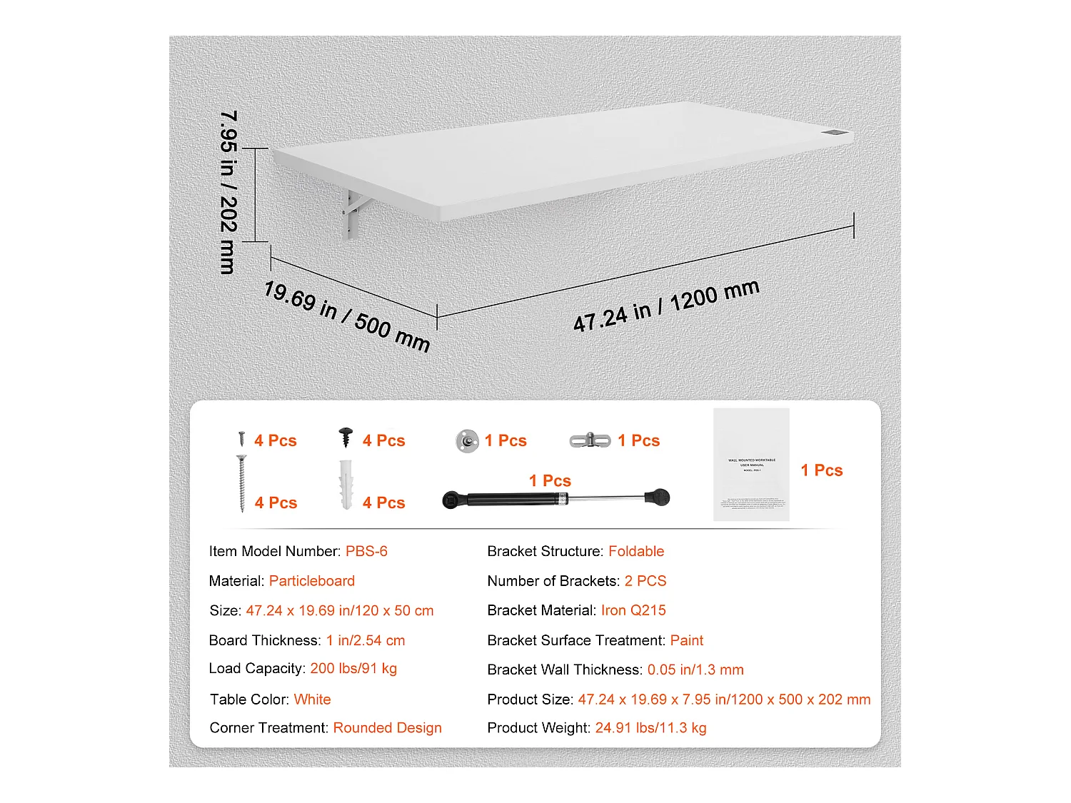 Table pliante murale SucceBuy, Bureau pour Ordinateur portable, Bureau à domicile, 120x50cm, Blanc