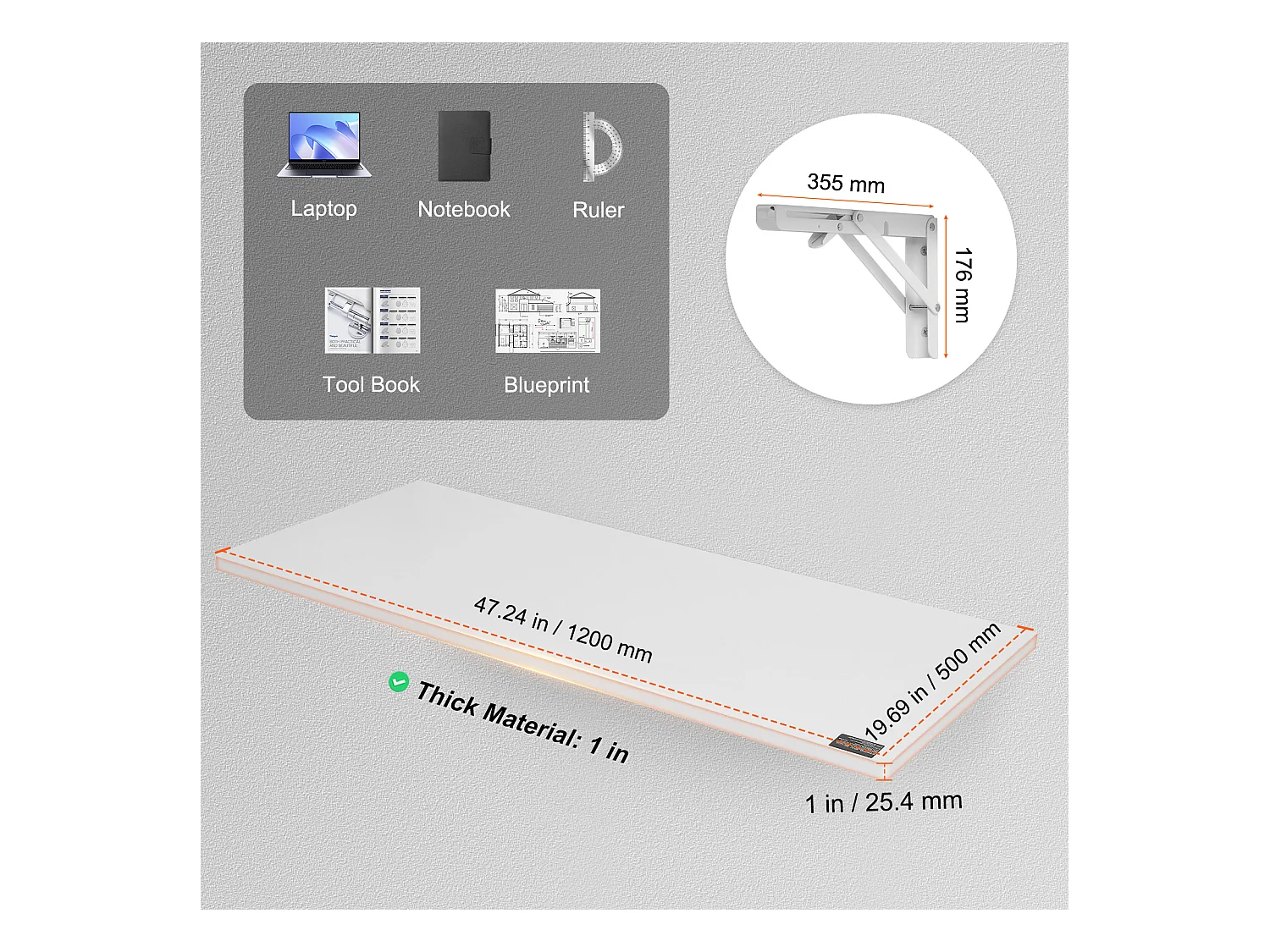 Table pliante murale SucceBuy, Bureau pour Ordinateur portable, Bureau à domicile, 120x50cm, Blanc
