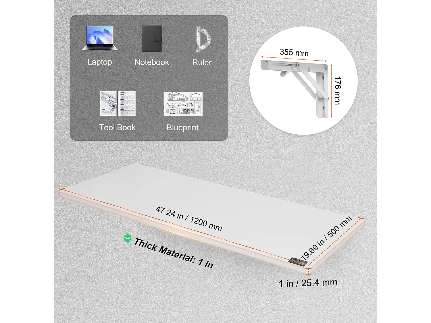 Składany Stół ścienny SucceBuy, Biurko na Laptopa, Biuro domowe, 120x50cm, Biały