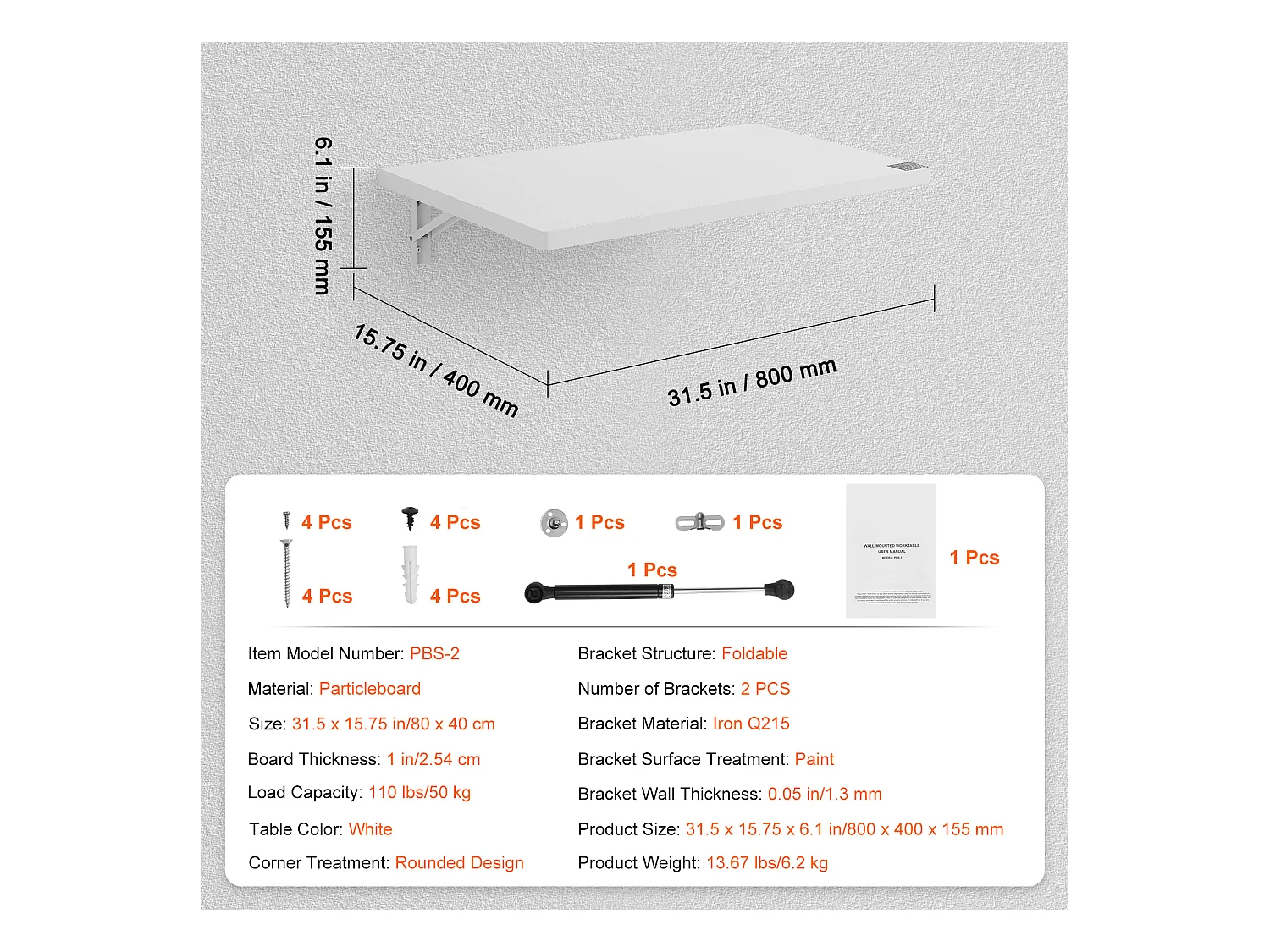 Table pliante murale SucceBuy 80x40cm, Bureau flottant pour Ordinateur portable, Bureau à domicile, Blanc