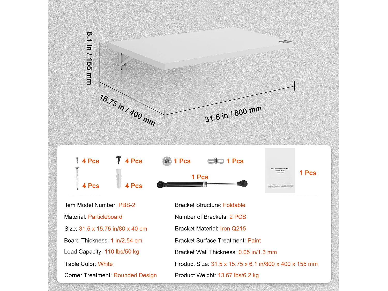 Table pliante murale SucceBuy 80x40cm, Bureau flottant pour Ordinateur portable, Bureau à domicile, Blanc
