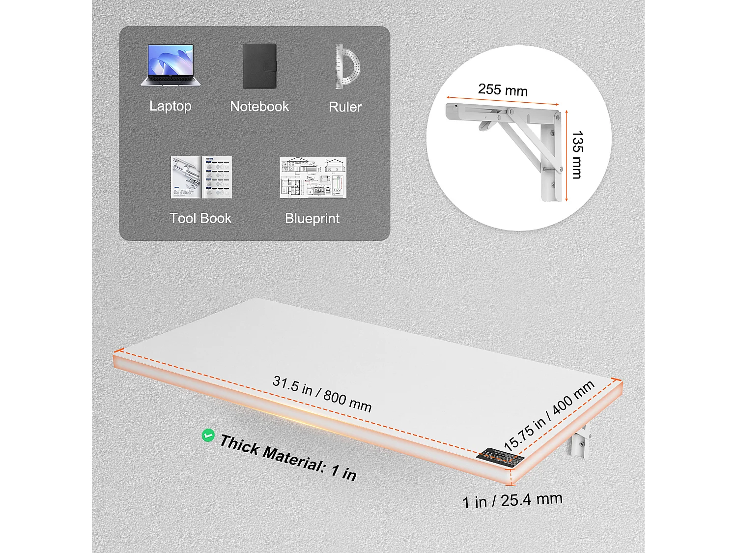 Table pliante murale SucceBuy 80x40cm, Bureau flottant pour Ordinateur portable, Bureau à domicile, Blanc