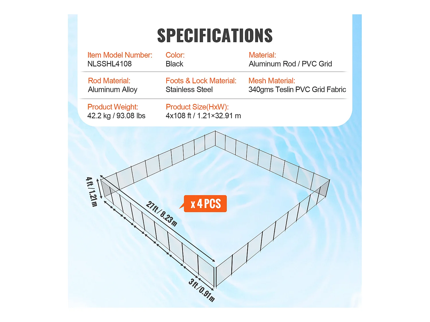 Barrière de Piscine SucceBuy Clôture de Piscine Amovible 122 x 3291.8cm pour Piscines Creusées, Extérieur