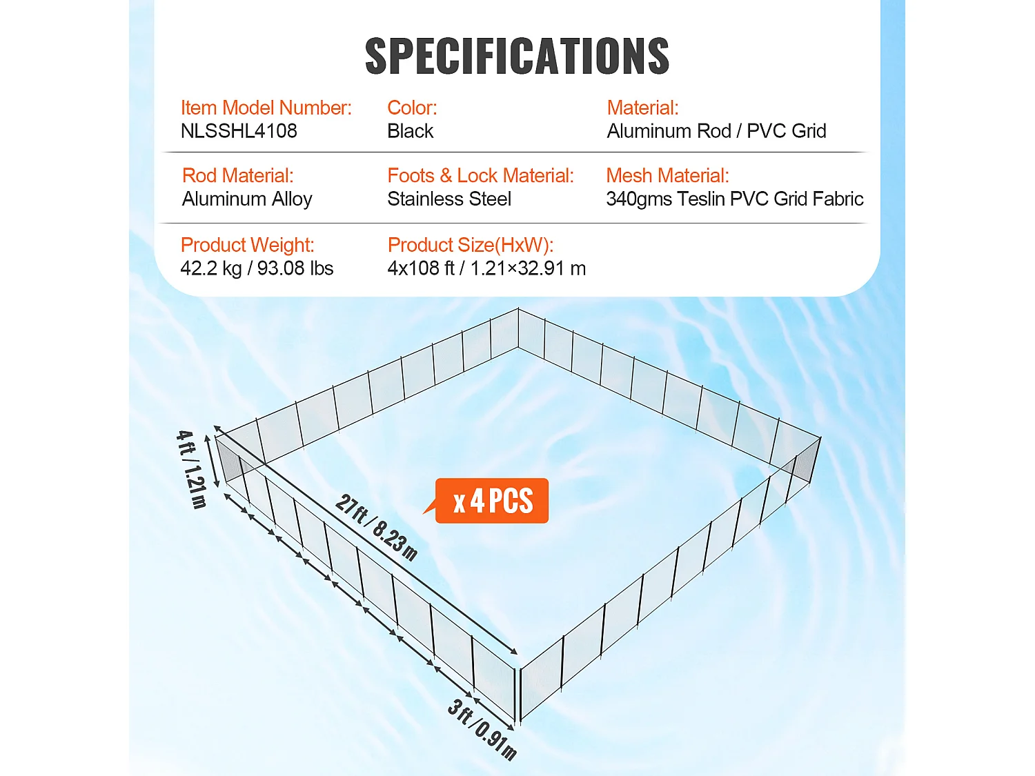 Barrière de Piscine SucceBuy Clôture de Piscine Amovible 122 x 3291.8cm pour Piscines Creusées, Extérieur