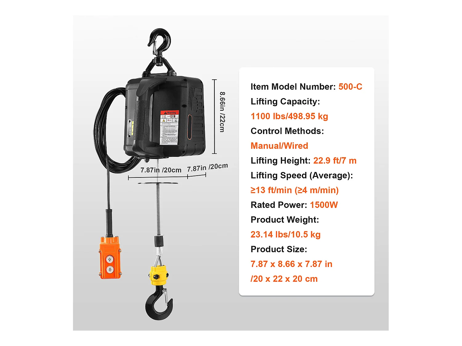 Treuil Électrique, SucceBuy Palan Électrique Portatif 2 en 1, 1 100 lb, Télécommande Filaire