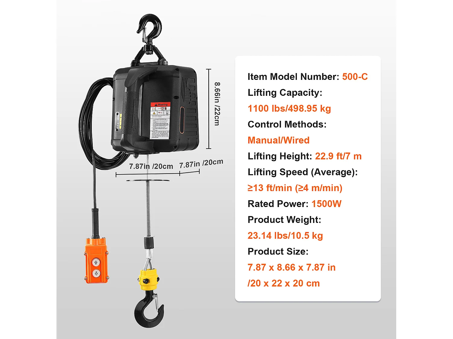 Treuil Électrique, SucceBuy Palan Électrique Portatif 2 en 1, 1 100 lb, Télécommande Filaire