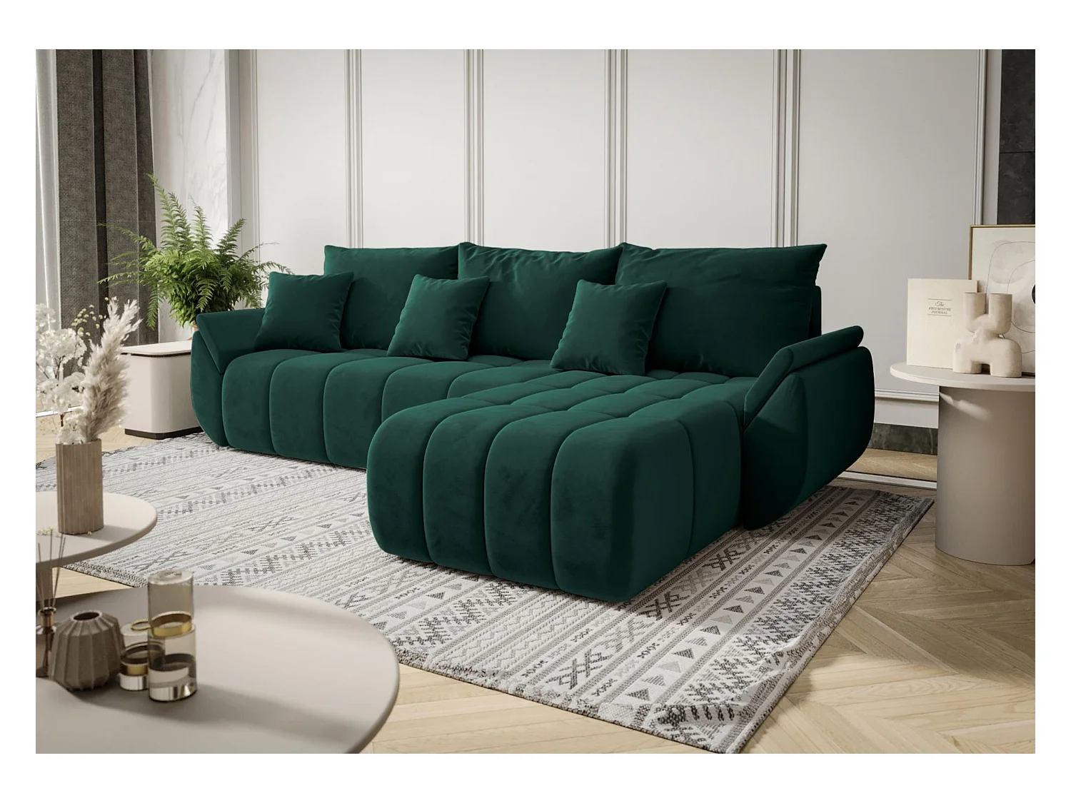 Ecksofa mit Schlaffunktion - Stauraum - Samtbezug - rechts - Grün - ROMULDI