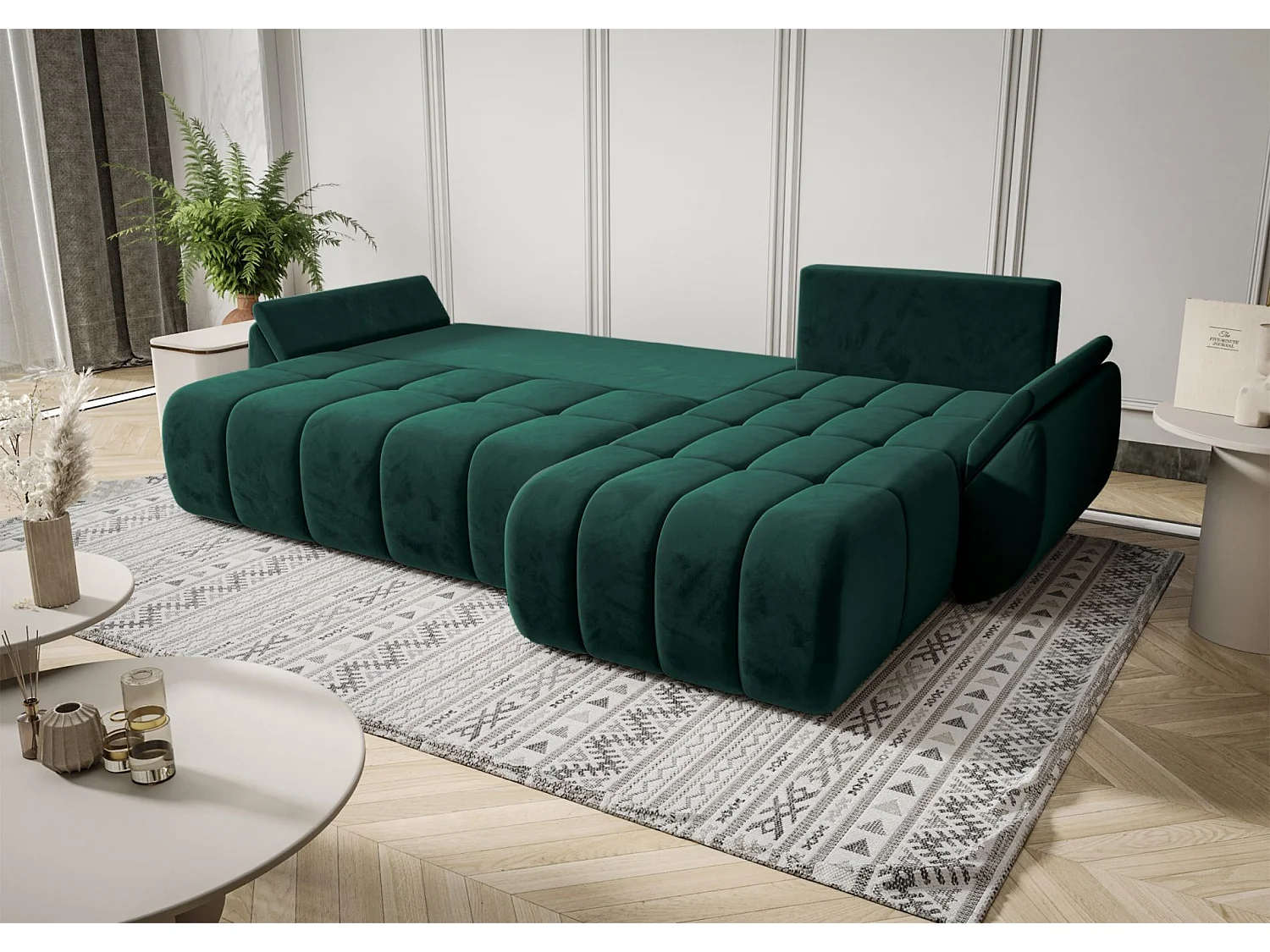 Ecksofa mit Schlaffunktion - Stauraum - Samtbezug - rechts - Grün - ROMULDI