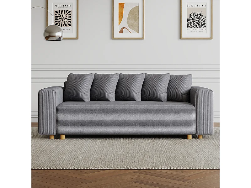 Sofá Cama Conversível de 3 Lugares em Veludo Cotelê Cinza - Estilo Contemporâneo Confortável e Prático