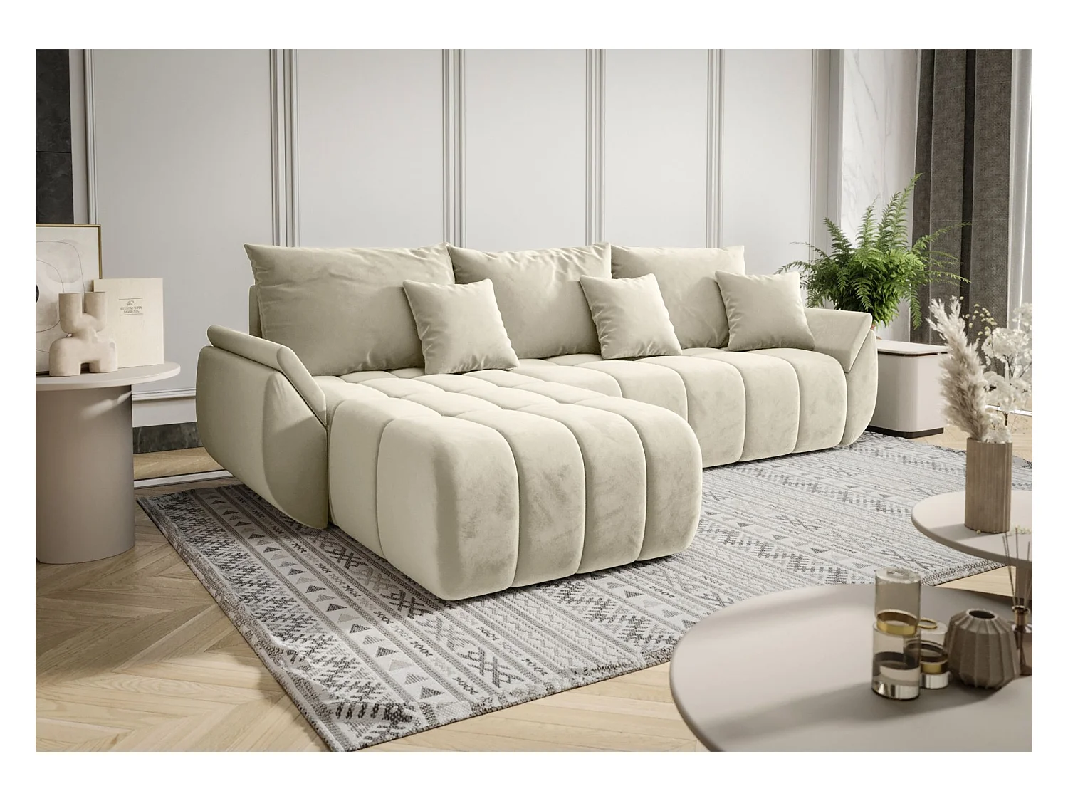 Canapé d'angle convertible - en velours crème - côté gauche - ROMULDI