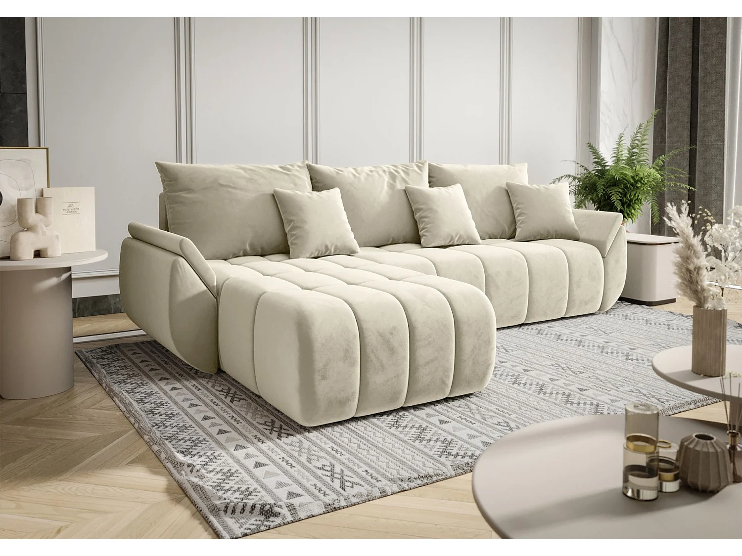 Ecksofa mit Schlaffunktion - Stauraum - Samtbezug - links - Crem - ROMULDI