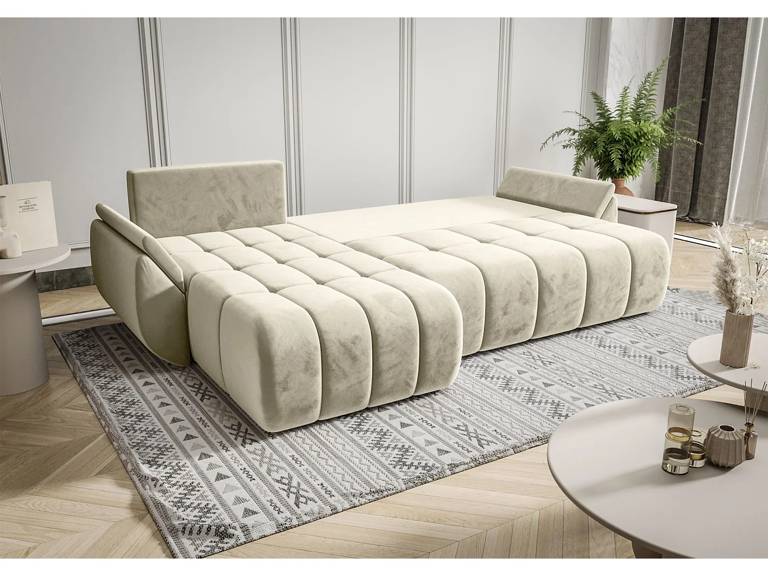 Ecksofa mit Schlaffunktion - Stauraum - Samtbezug - links - Crem - ROMULDI