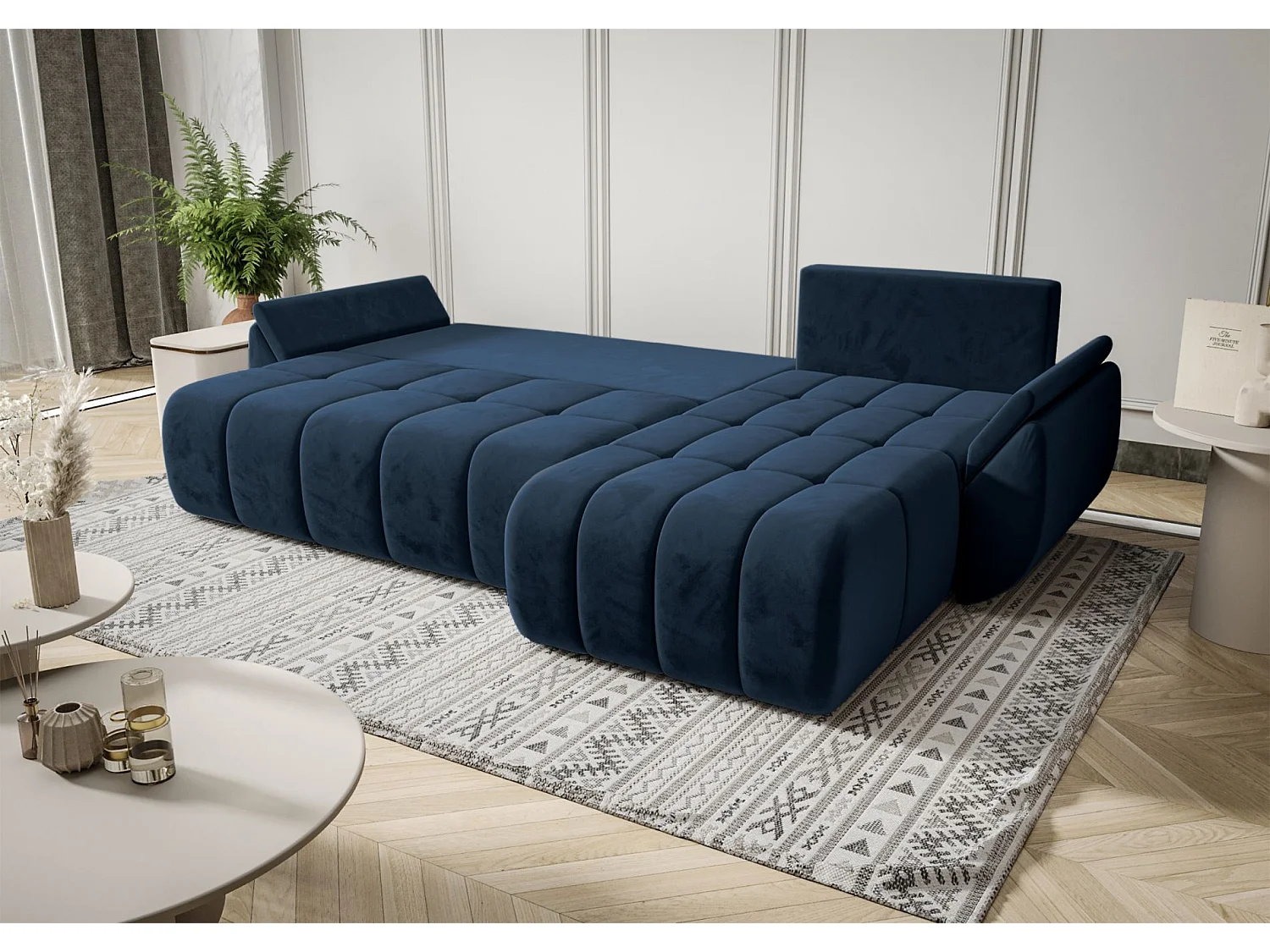 Ecksofa mit Schlaffunktion - Stauraum - Samtbezug - rechts - Marineblau - ROMULDI