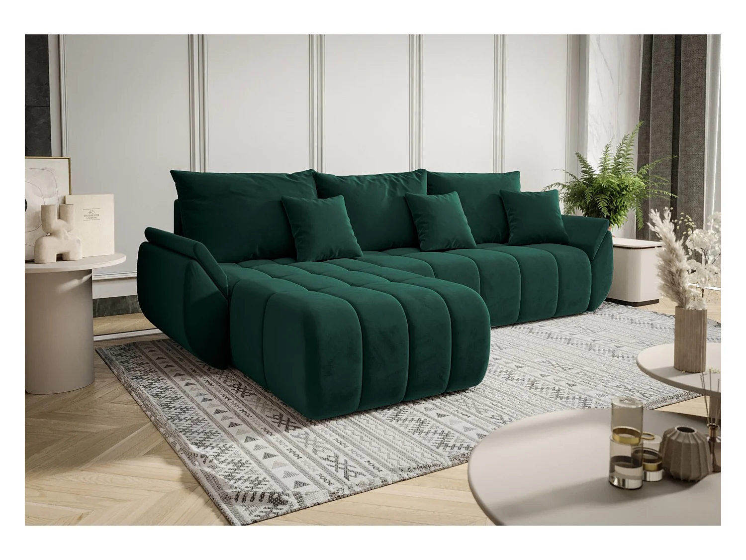 Canapé d'angle convertible - en velours vert- côté gauche - ROMULDI