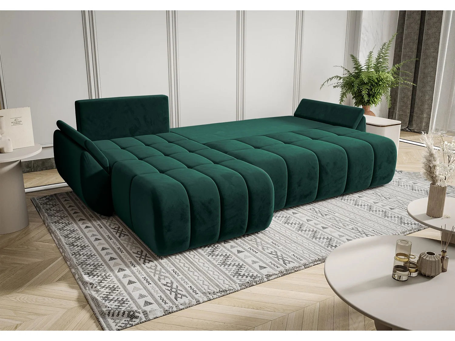 Canapé d'angle convertible - en velours vert- côté gauche - ROMULDI