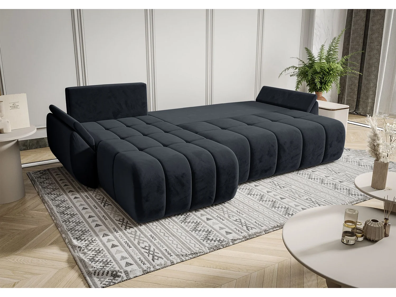 Canapé d'angle convertible - en velours anthracite- côté gauche - ROMULDI