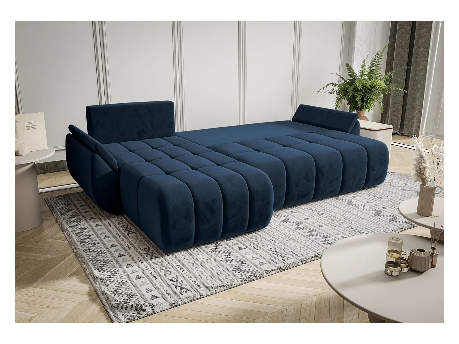 Ecksofa mit Schlaffunktion - Stauraum - Samtbezug - links - Marineblau - ROMULDI