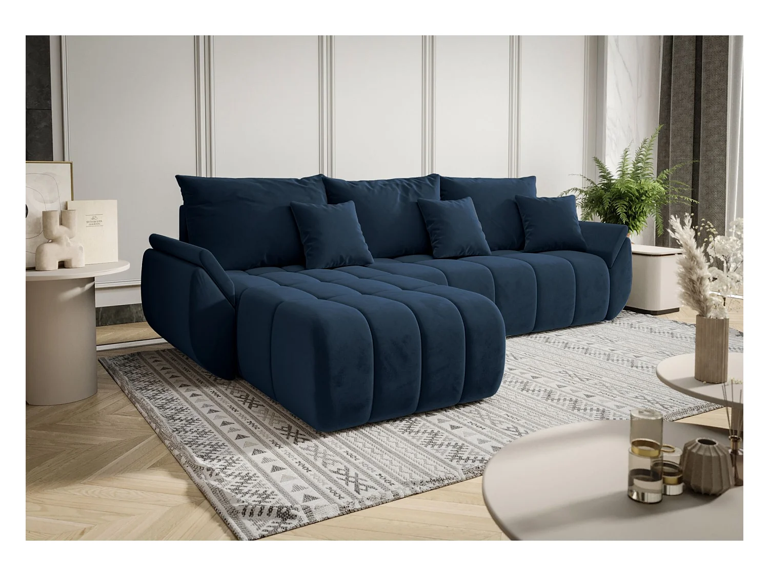 Canapé d'angle convertible - en velours bleu marine- côté gauche - ROMULDI