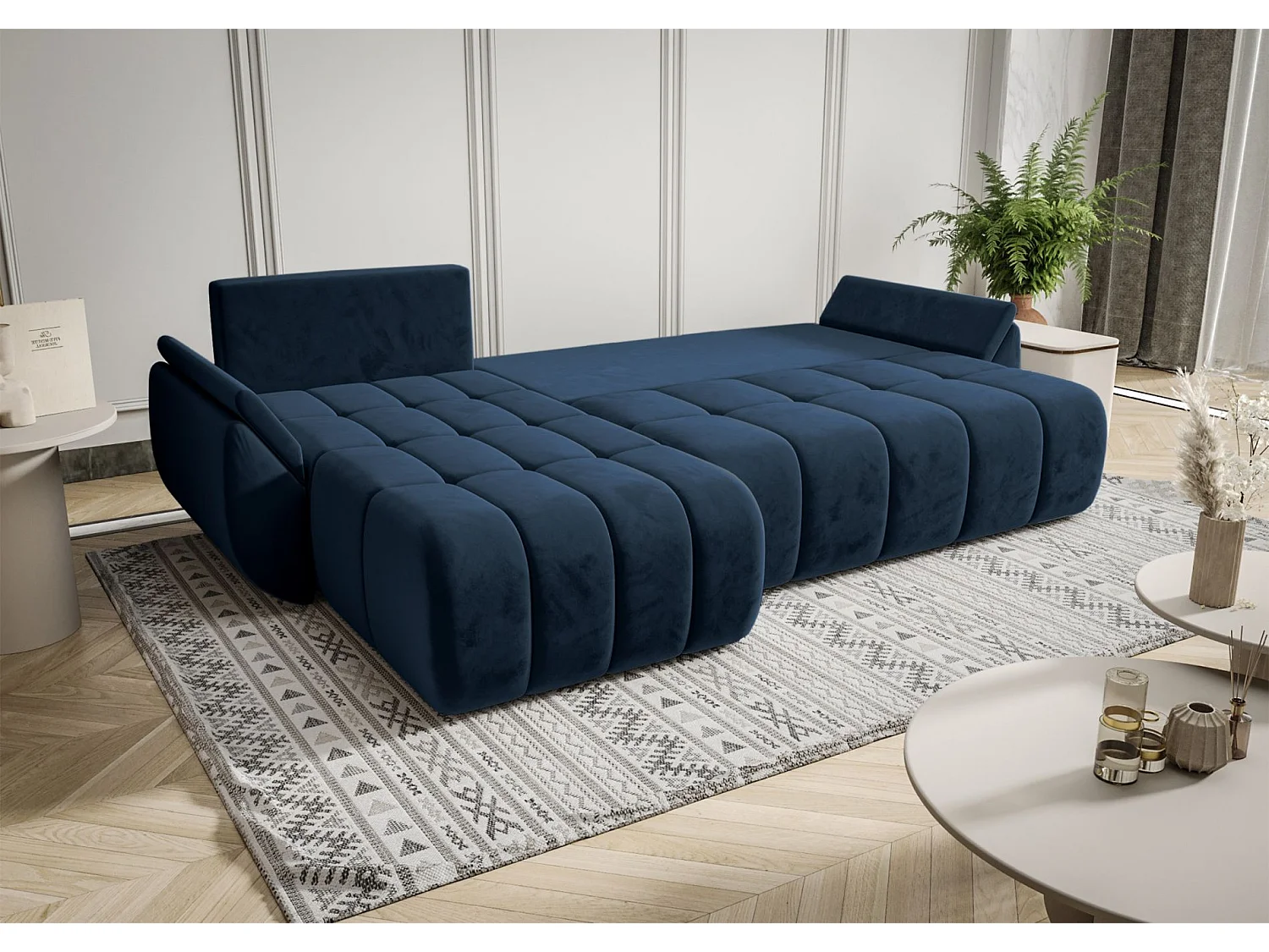 Canapé d'angle convertible - en velours bleu marine- côté gauche - ROMULDI