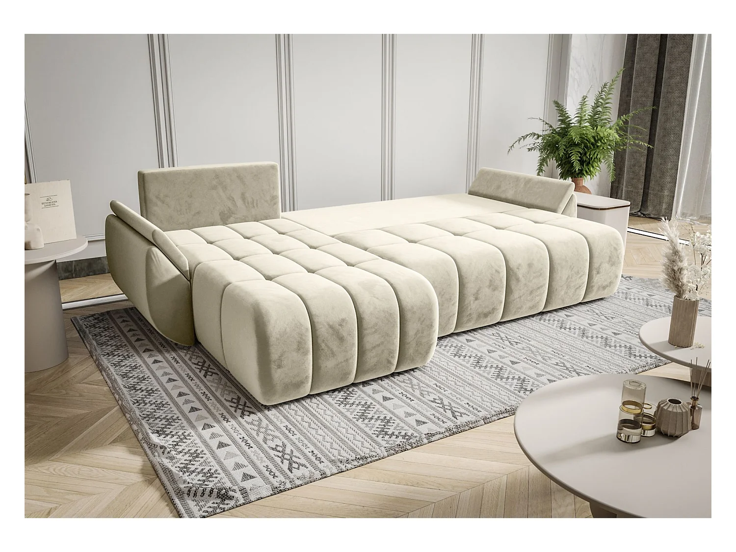 Ecksofa mit Schlaffunktion - Stauraum - Samtbezug - rechts - Creme - ROMULDI