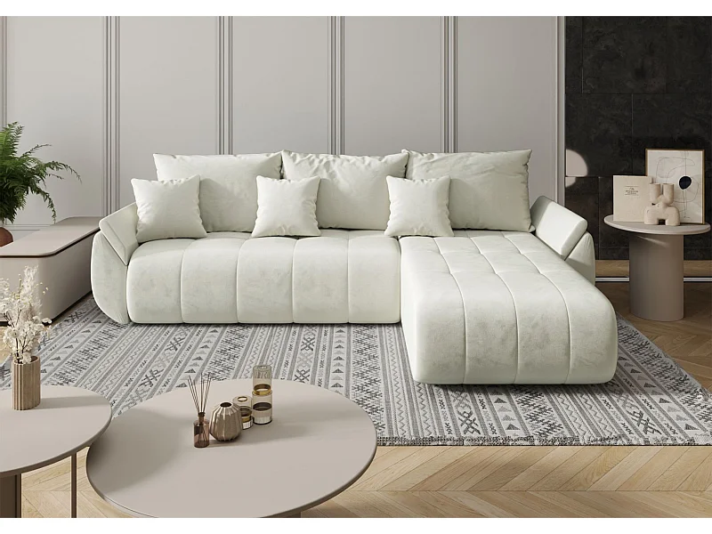 Ecksofa mit Schlaffunktion - Stauraum - Samtbezug - rechts - Creme - ROMULDI