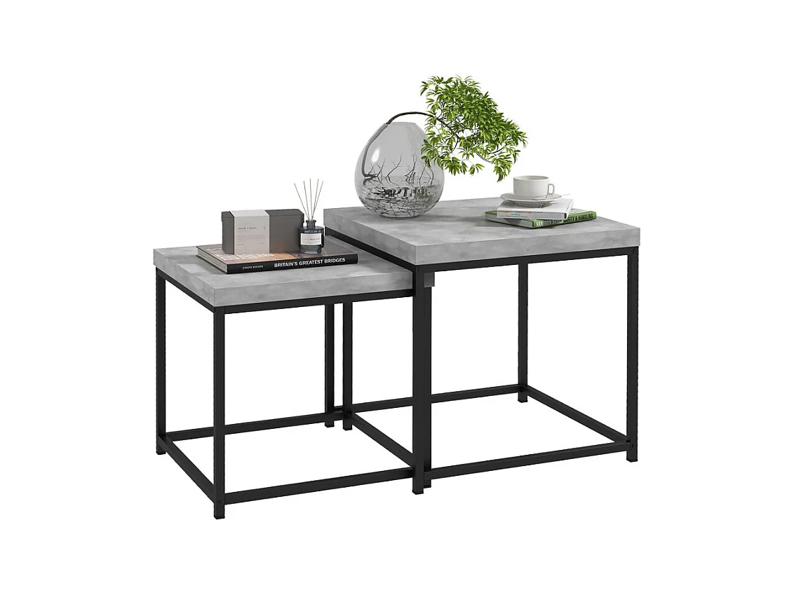 Lot de 2 tables basses carrées gigognes TIM noires et béton ciré