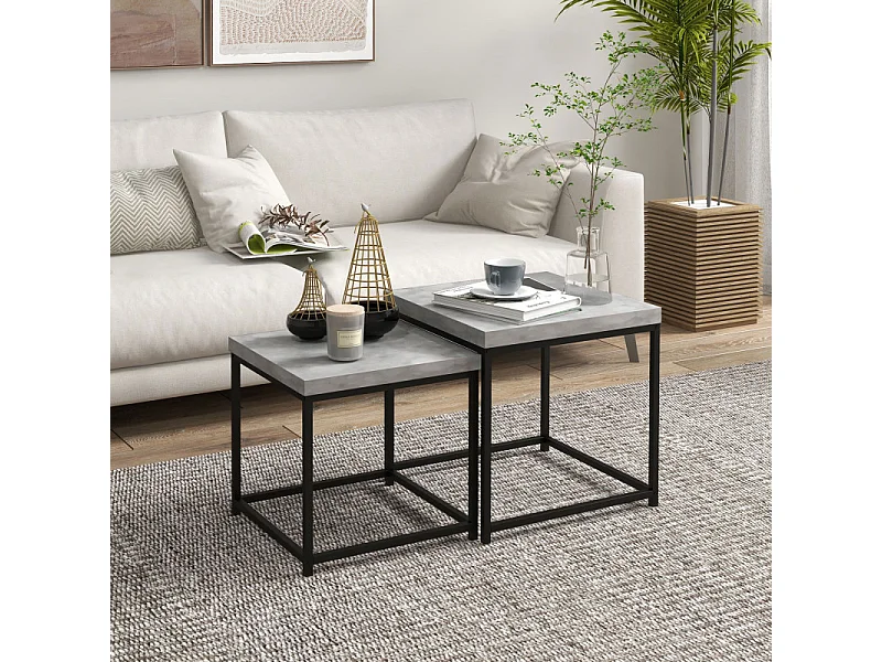 Lot de 2 tables basses carrées gigognes TIM noires et béton ciré