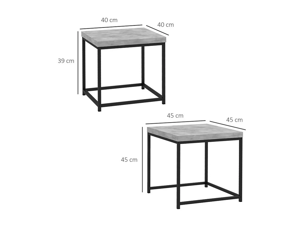 Lot de 2 tables basses carrées gigognes TIM noires et béton ciré