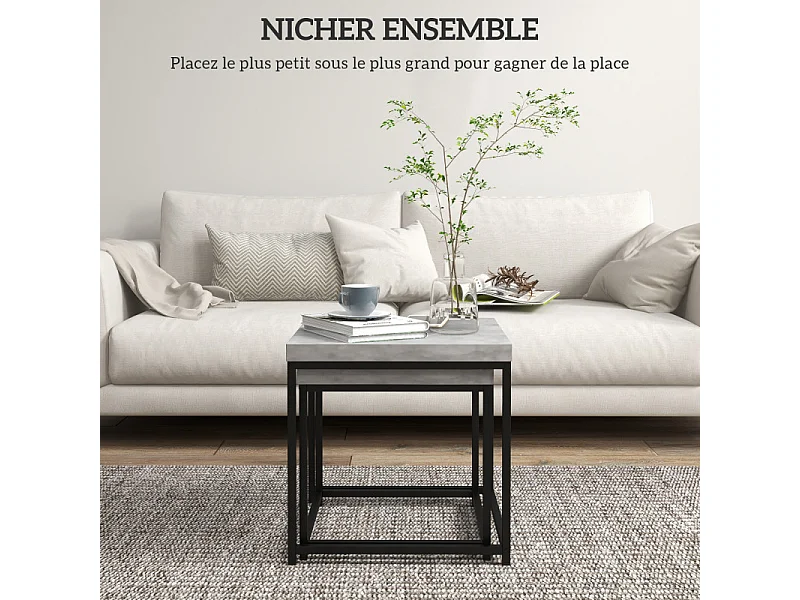 Lot de 2 tables basses carrées gigognes TIM noires et béton ciré