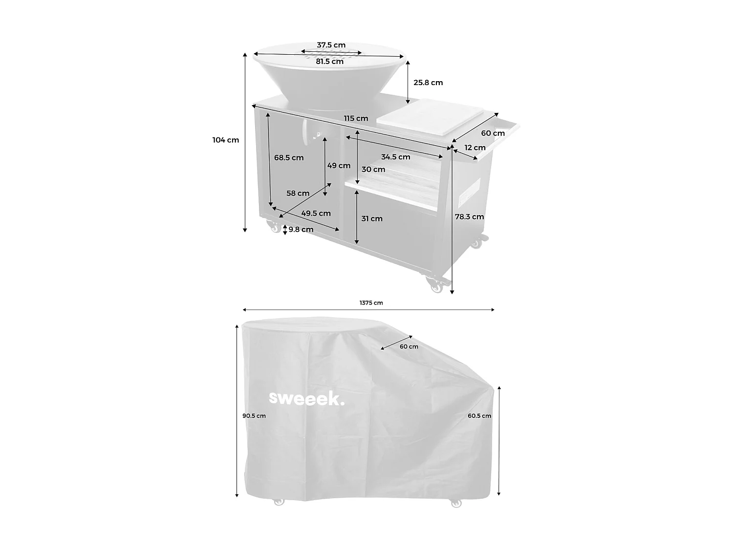 Bruciatore barbecue con piano di lavoro e copertura di protezione,