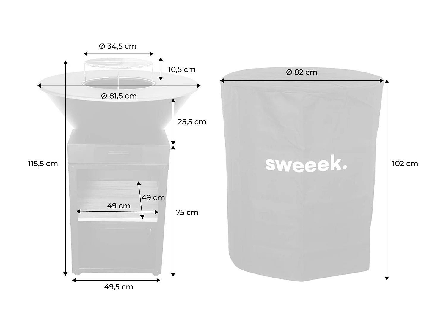 Brasero barbecue Ø81.5cm avec grille de cuisson. espace de stockage pour le bois + Housse en polyester