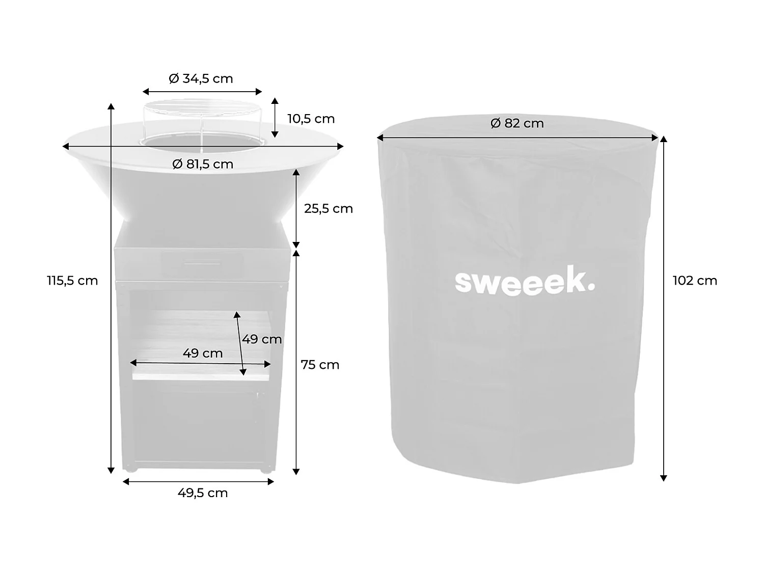 Brasero barbecue Ø81.5cm avec grille de cuisson. espace de stockage pour le bois + Housse en polyester