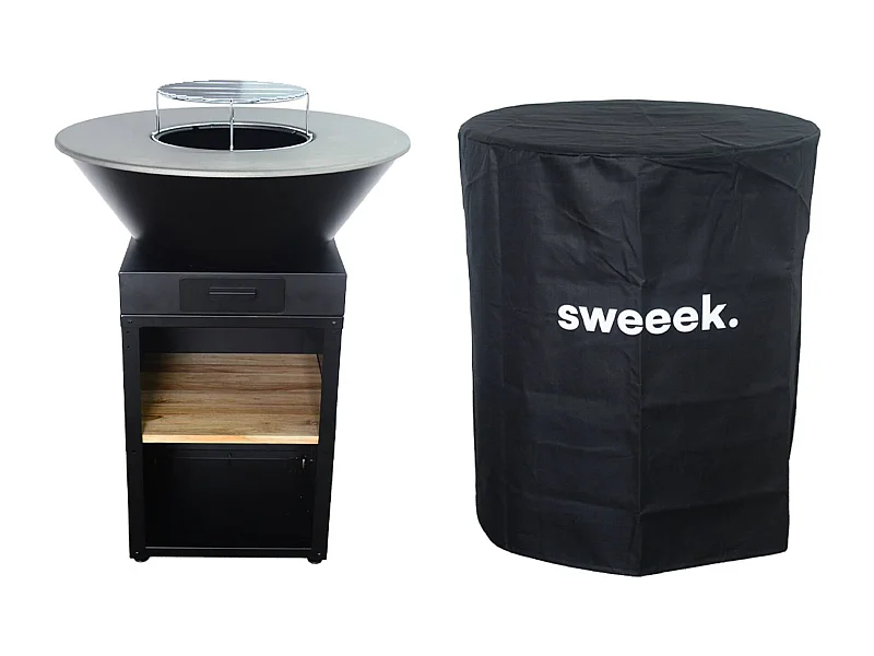 Brasero barbecue Ø81.5cm avec grille de cuisson. espace de stockage pour le bois + Housse en polyester