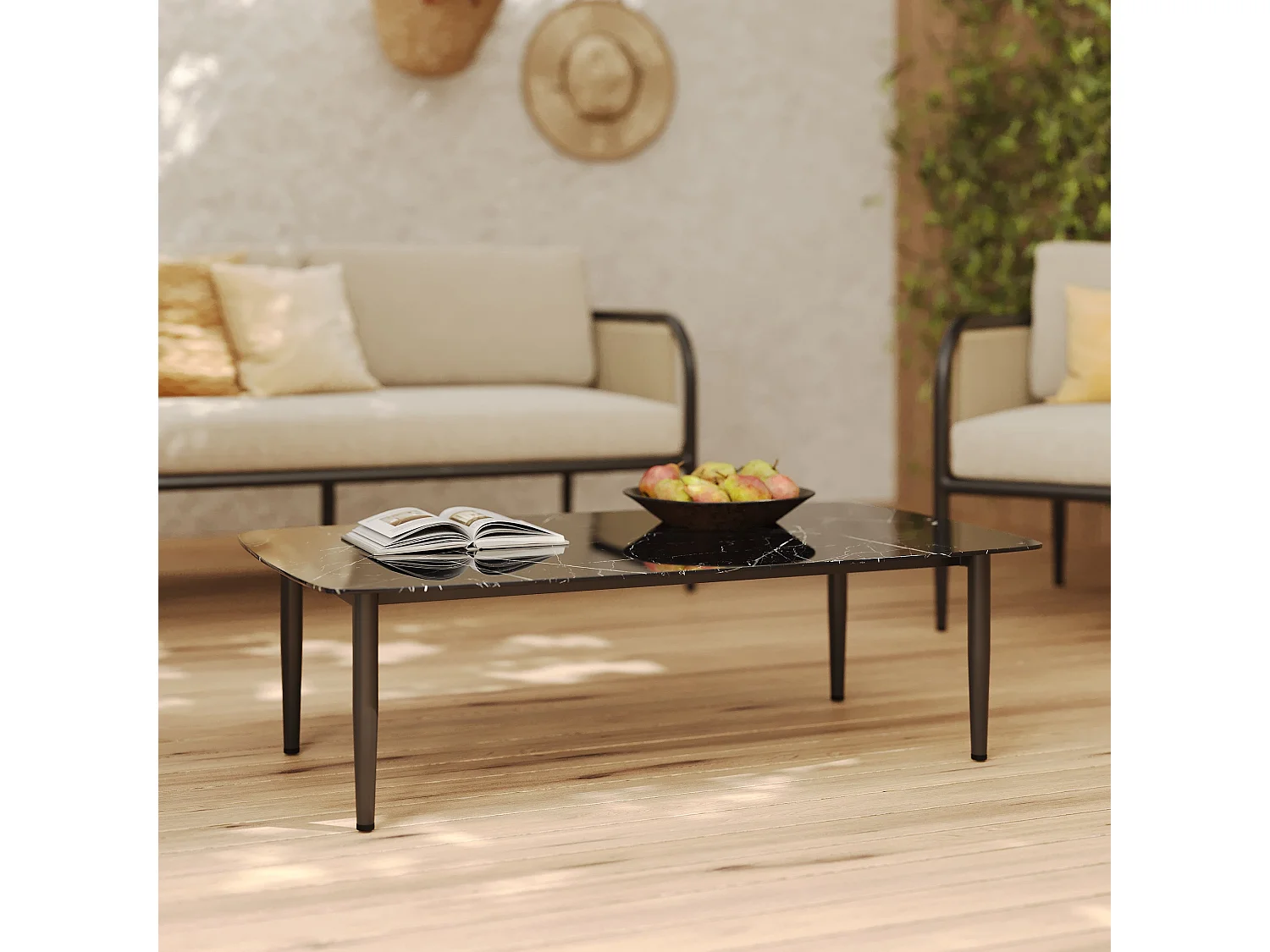 Mesa baja de jardín de vidrio efecto mármol - Wilo