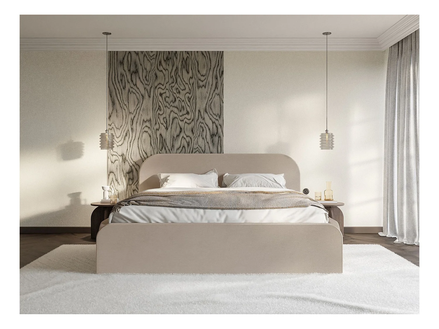 Lit tapissé – 200x200 cm – en velours beige – UMIKE