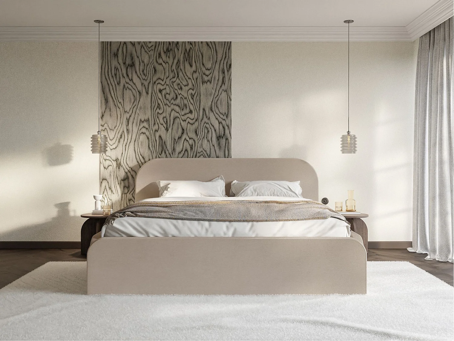 Lit tapissé – 200x200 cm – en velours beige – UMIKE