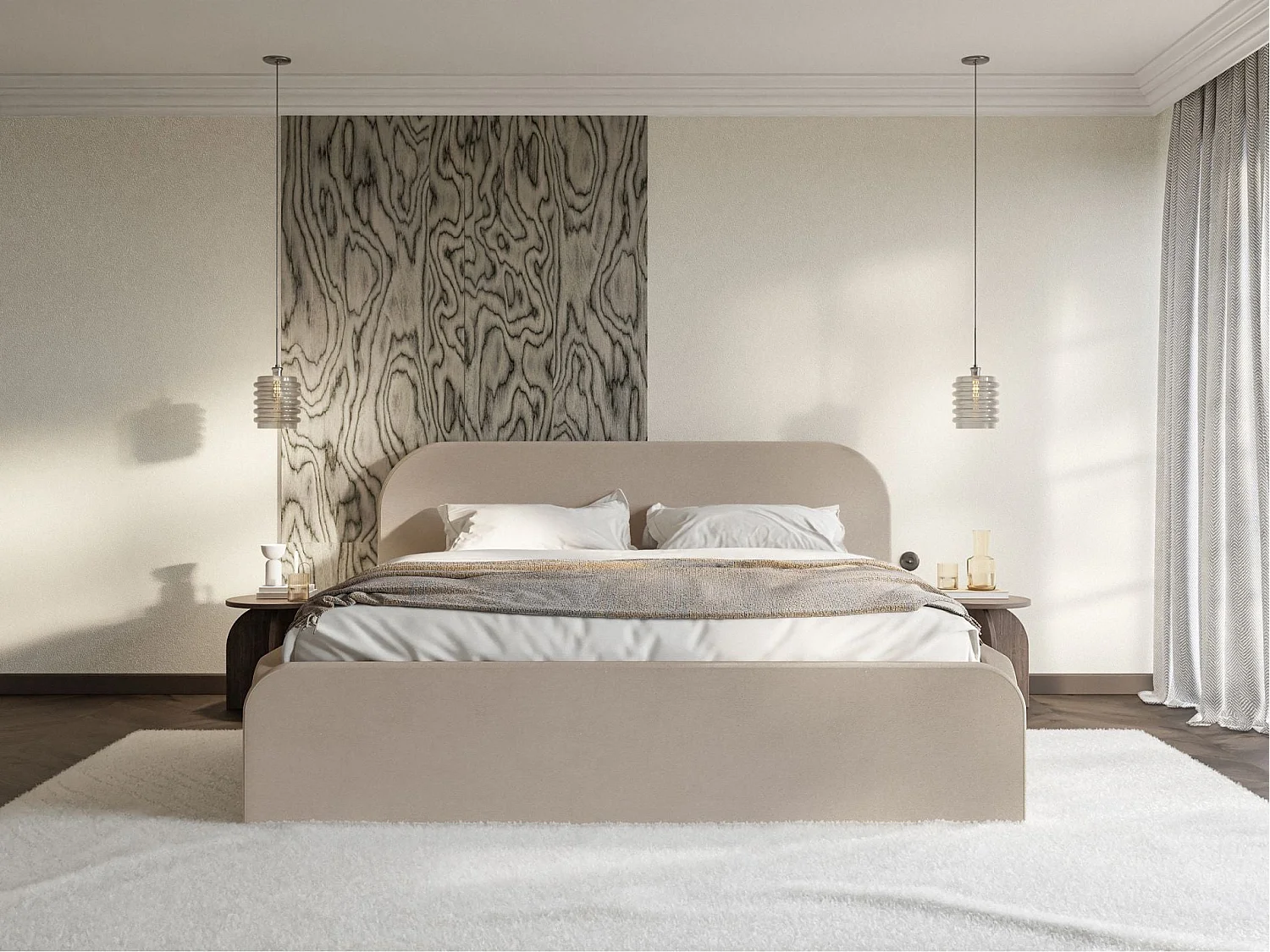 Lit tapissé – 160x200 cm – en velours beige – UMIKE