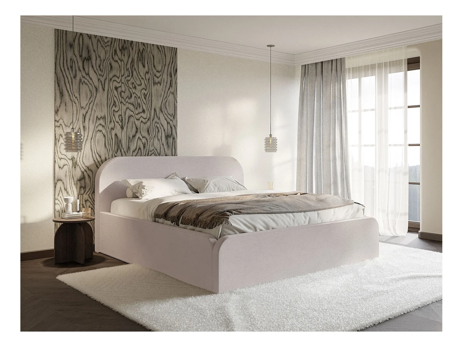 Lit tapissé – 200x200 cm – en velours beige-gris – UMIKE