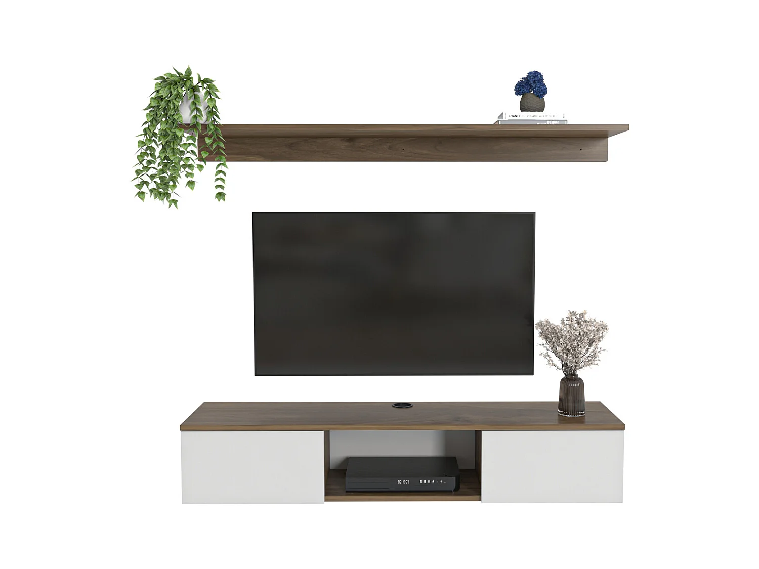 Meuble TV Mural Elia Flottant 140 cm, Armoires, Passe-Cable, Étagère Murale Incluse (Noyer et Blanc)