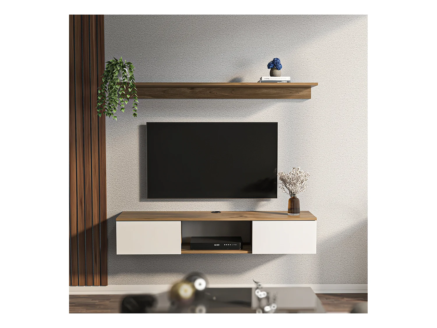 Meuble TV Mural Elia Flottant 140 cm, Armoires, Passe-Cable, Étagère Murale Incluse (Noyer et Blanc)