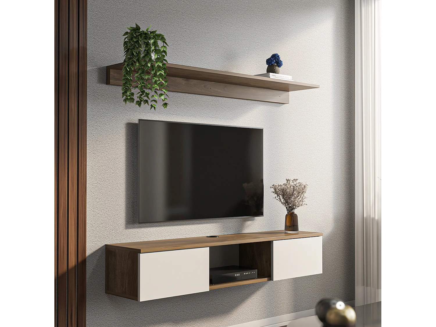 Meuble TV Mural Elia Flottant 140 cm, Armoires, Passe-Cable, Étagère Murale Incluse (Noyer et Blanc)