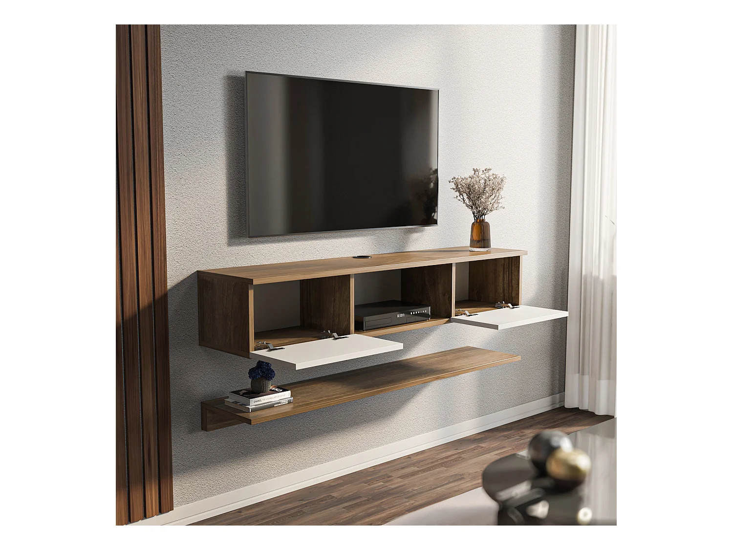 Meuble TV Mural Elia Flottant 140 cm, Armoires, Passe-Cable, Étagère Murale Incluse (Noyer et Blanc)