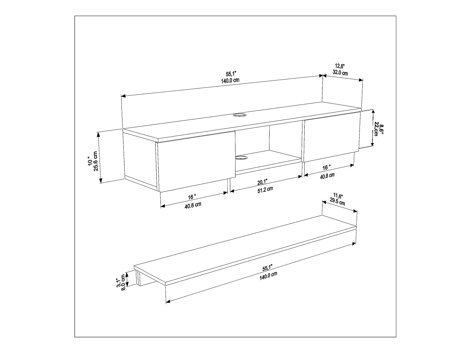 Meuble TV Mural Elia Flottant 140 cm, Armoires, Passe-Cable, Étagère Murale Incluse (Noyer et Blanc)
