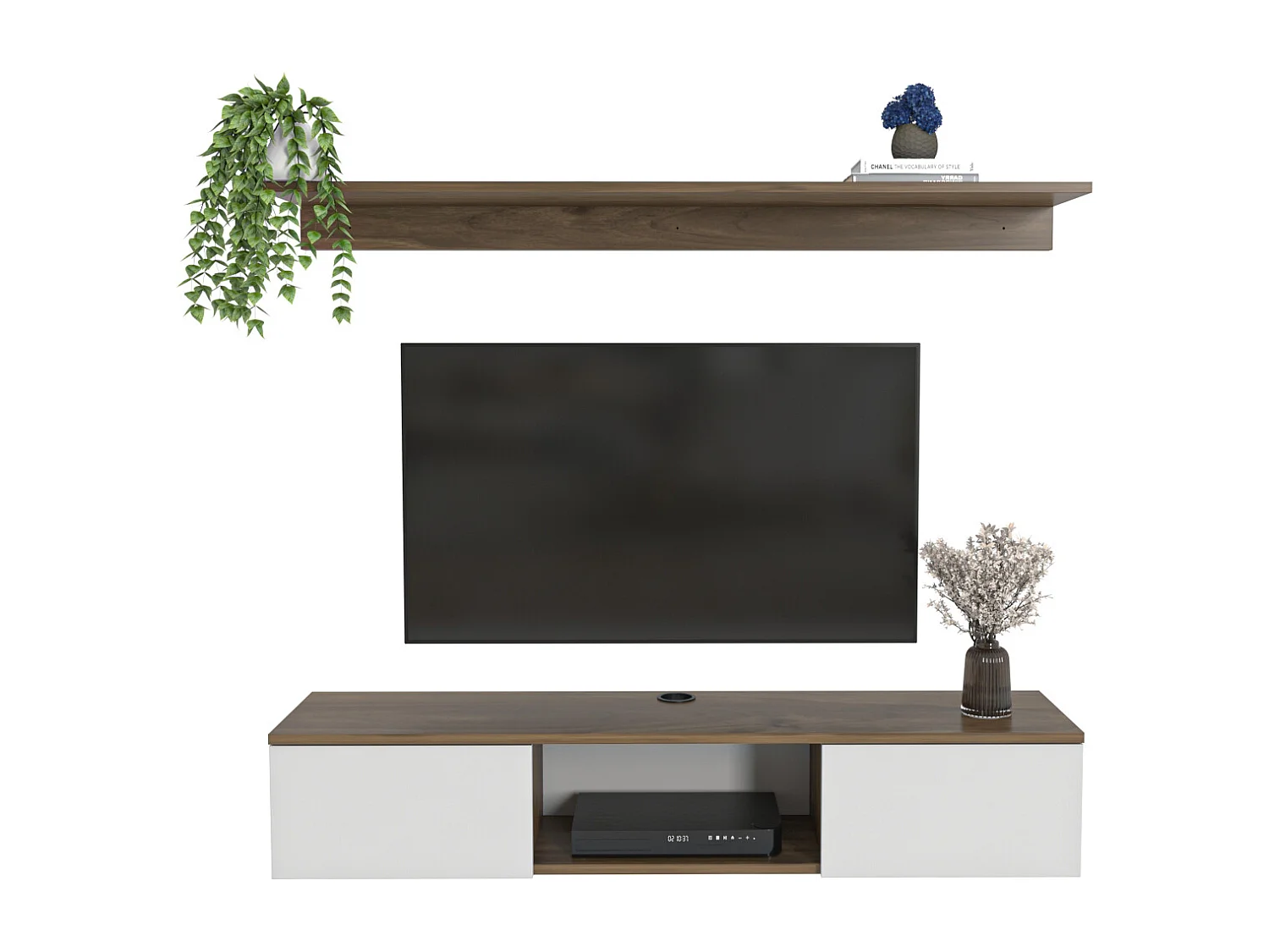 Meuble TV Mural Elia Flottant 140 cm, Armoires, Passe-Cable, Étagère Murale Incluse (Noyer et Blanc)